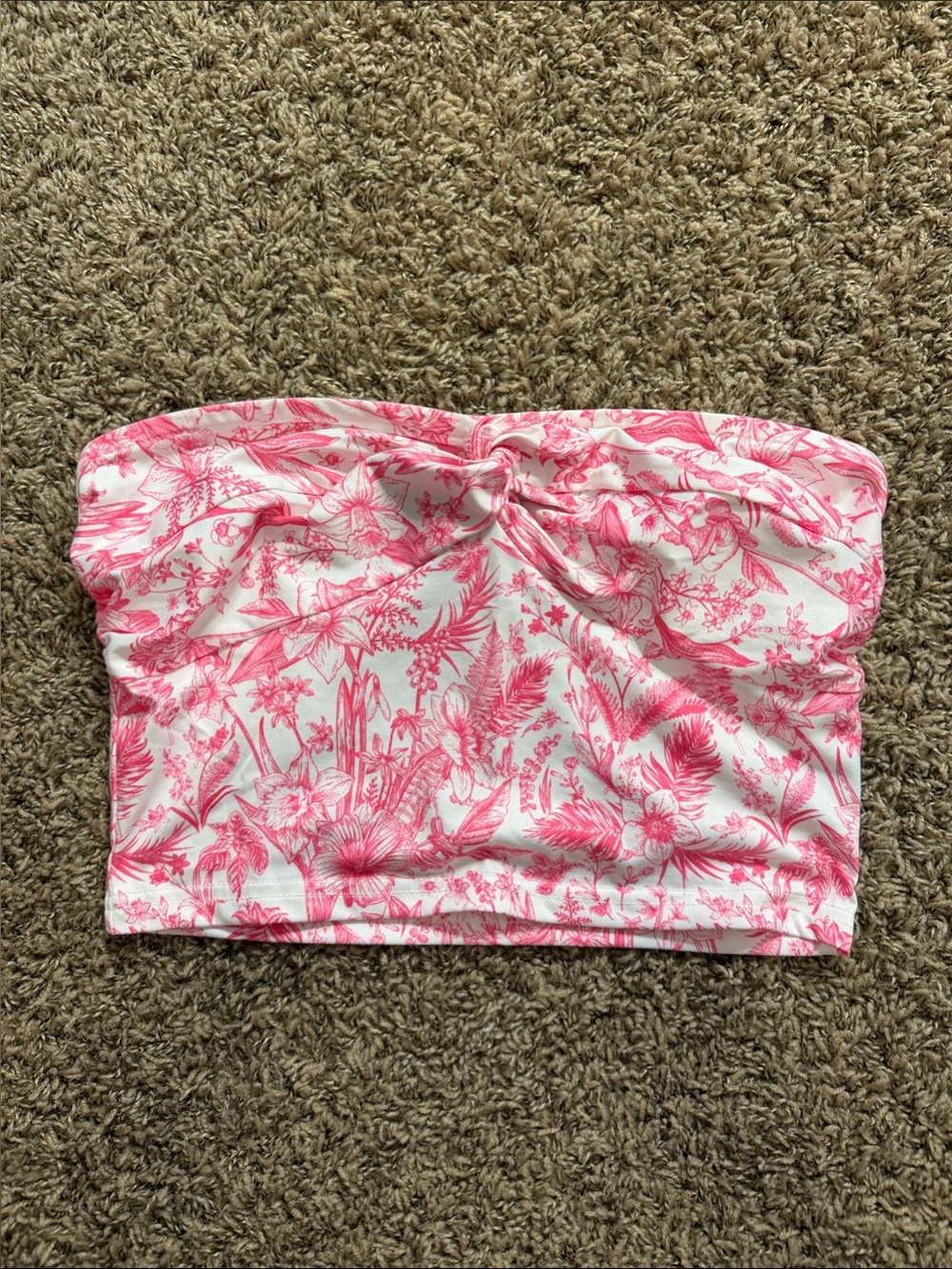 SHEIN White Bandeau Crop Top with Pink Floral Twist